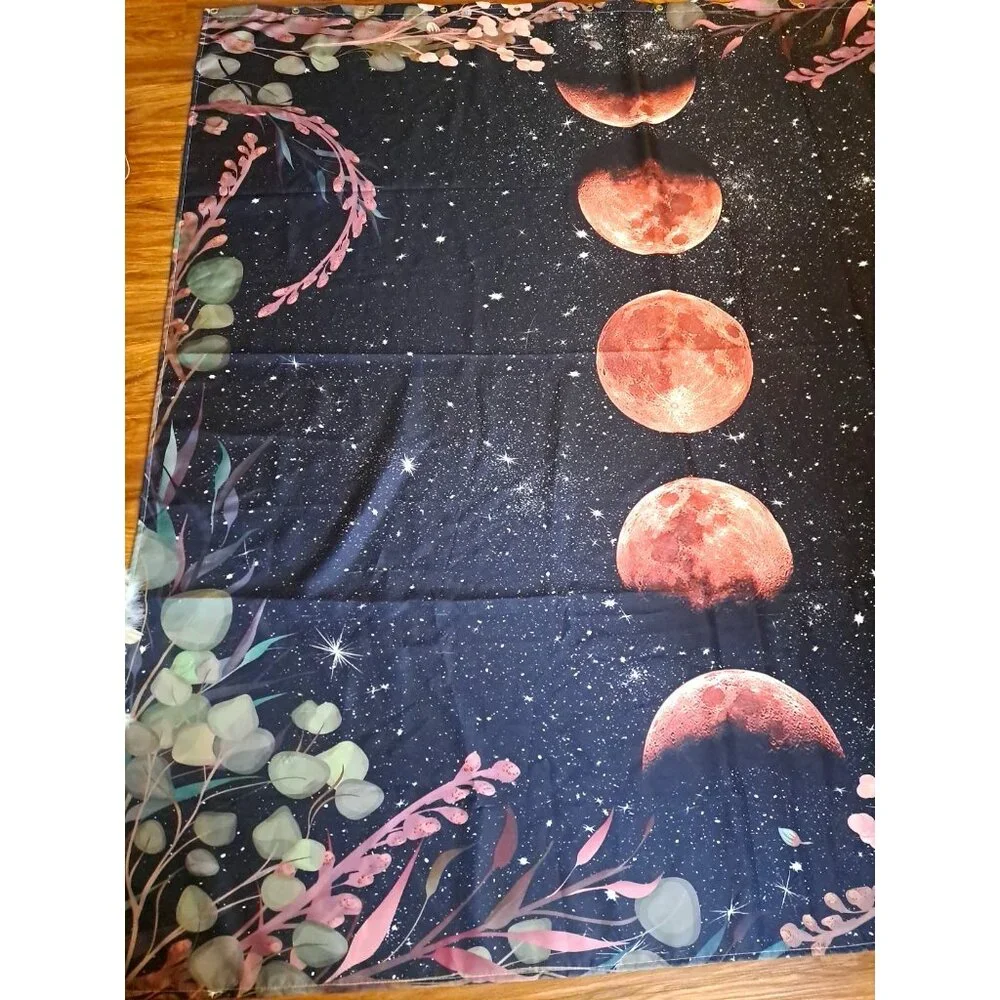 Moon Phase Fabric Shower Curtain Black Pink Floral Edge Celestial Mystical